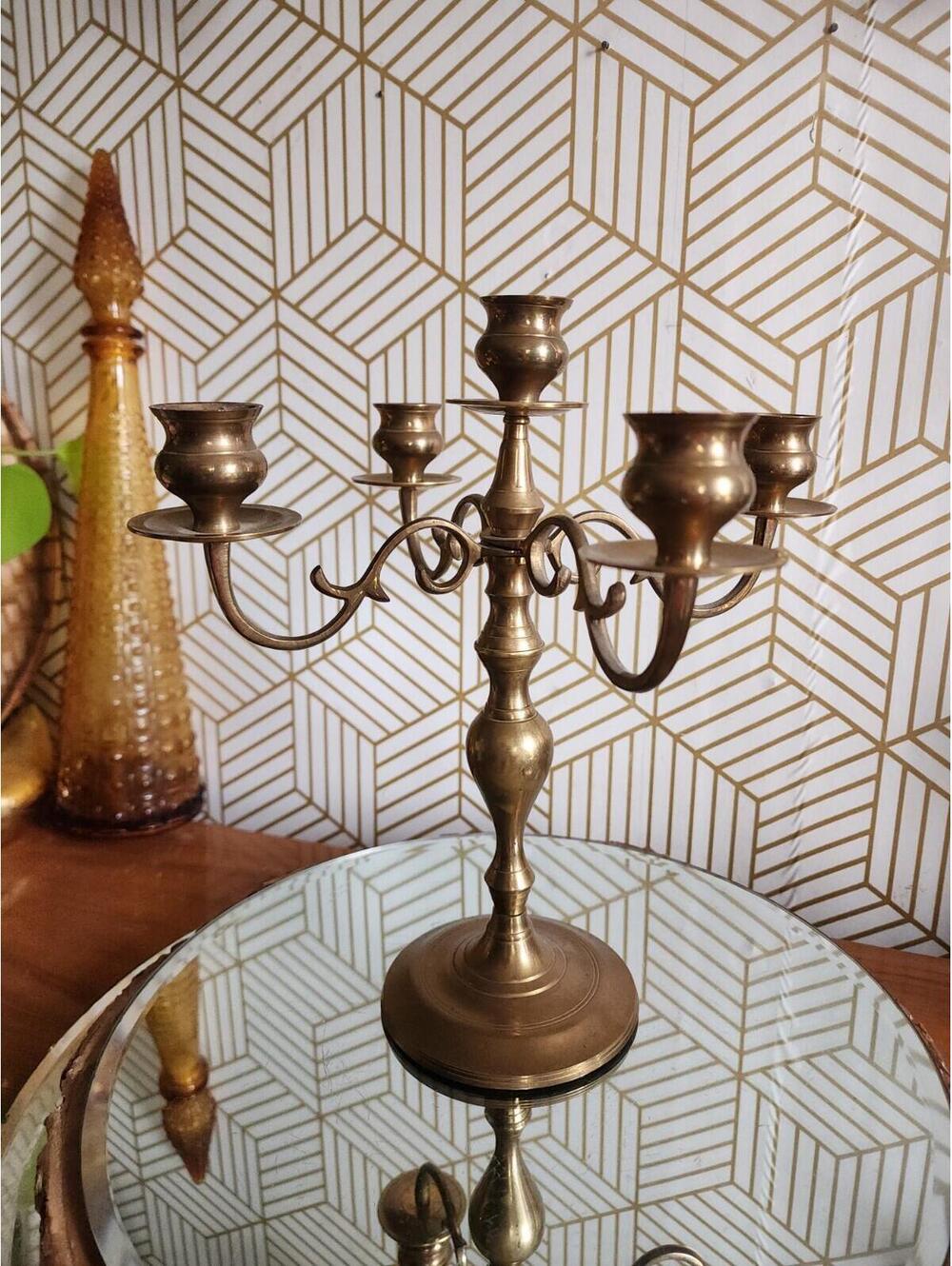 Vintage MCM Solid Brass 5 Arm Candelabra Pillar  Centerpiece Candle Holder